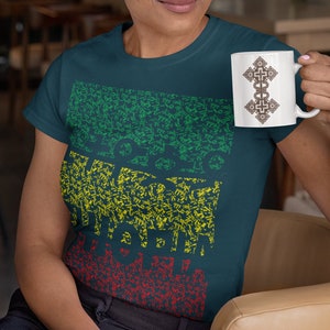 ETHIOPIA, Ethiopian Alphabet T-Shirt mixed with Geez Scripts and Ethiopian Flag Color.
