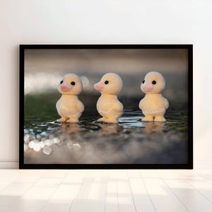 May include: A framed print featuring three small, fluffy yellow ducklings with pink beaks and dark eyes. The ducklings stand in shallow water, creating a serene and whimsical scene. The print is set against a blurred background.
