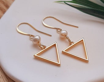 Earrings, Dangle earrings, Drop triangle earrings, Dangling truangles earrings, Hollow triangle earrings, Pearl earrings, Hematite earrings