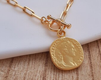 Greek coin necklace, Gold greek coin necklace, Front clasp necklace, Greek coin pendant necklace, Greek coin charm necklace, Gift for her