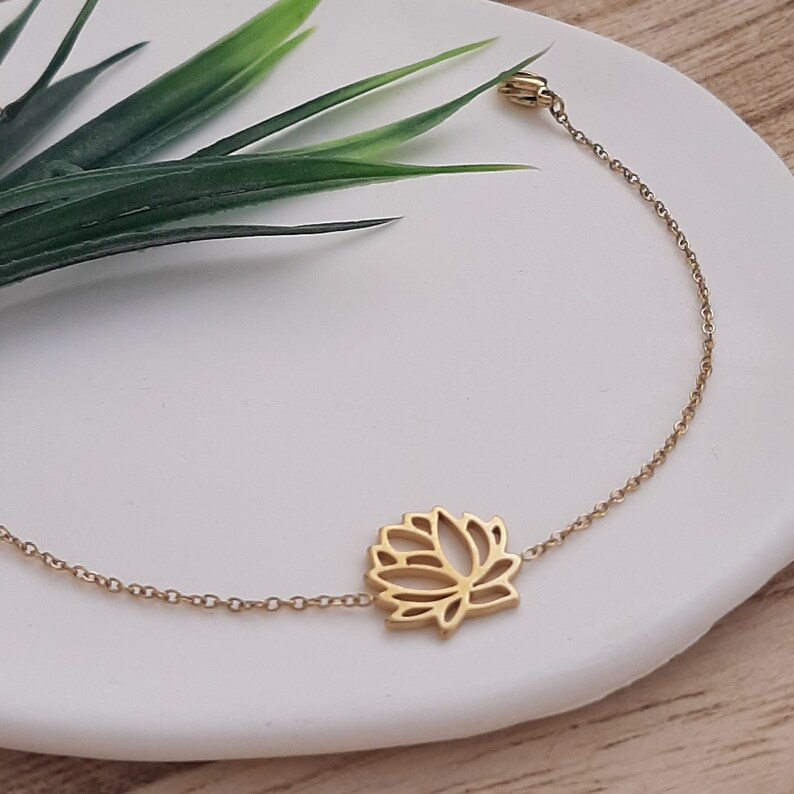 Lotus bracelet, Lotus flower bracelet, Dainty gold bracelet, Dainty Lotus bracelet, Lotus charm bracelet, Hollow lotus bracelet, Yoga lovers image 2