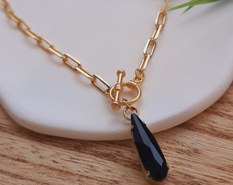 Black crystal necklace, Black teardrop necklace, Swarovski black taerdrop necklace, Black Sparkling Swarovski necklace, Front clasp necklace