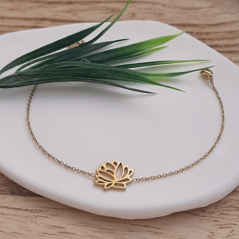 Lotus bracelet, Lotus flower bracelet, Dainty gold bracelet, Dainty Lotus bracelet, Lotus charm bracelet, Hollow lotus bracelet, Yoga lovers image 1