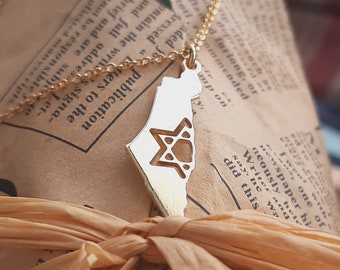 Israel map necklace, Israel map with star of David necklace, Star of David necklace, Star of david on israel map necklace, Gold israel map