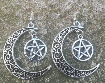 Pentagram Earrings witch earrings, crescent moon earrings, silver Pentagram unique, gift for her, birthday, New age, witch,
