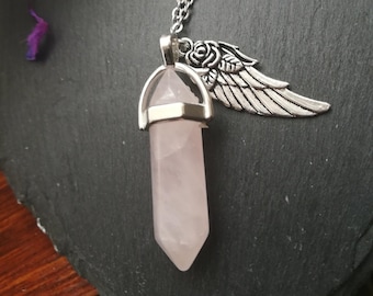 Rose Quartz pendant, Angel wing necklace, Stone of Love, gift for her birthday uk