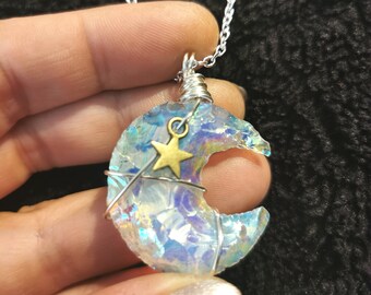 Opalite Moon pendant, Aura necklace, silver, stars and celestial Jewelry, Moon necklace, silver, birthday gift, for her, uk