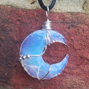 Opalite Moon stone pendant, pretty silver wire wrap necklace gift for her birthday