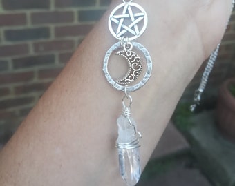 Clear Quartz necklace, silver necklace, wiccan jewellery, crystal gifts. uk