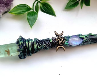 Crystal wand green fluorite natural wooden wand, witchcraft, witches Tool