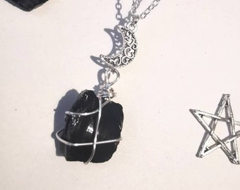 Obsidian stone pendant, Obsidian necklace, crystal necklace. moon pendant. Protection crystals. Birthday  Gift for her. Uk
