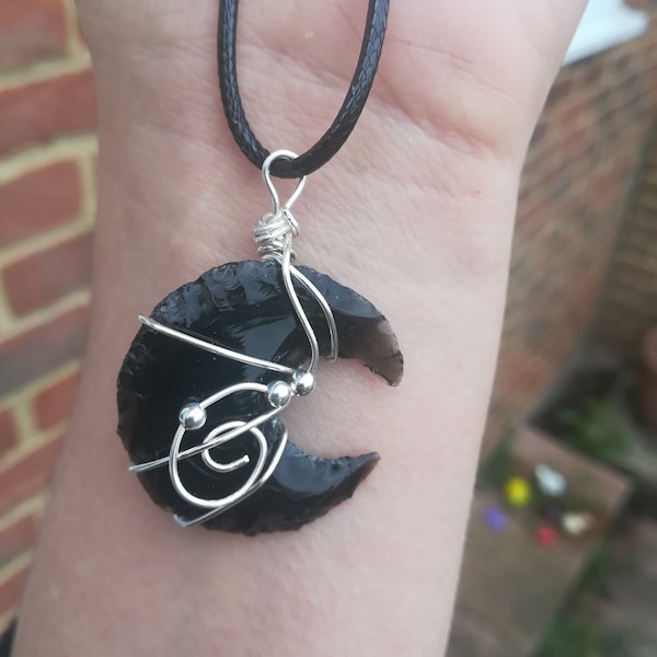 Obsidian moon pendant, crystal jewelry, protection crystal, mooncrystals. gift for her, birthday, UK