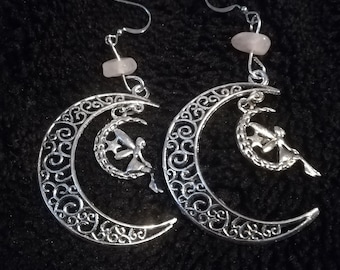 Silver Moon Earrings with fairy, moon jewelry, Rose Quartz  celestial earrings, Gift for her, birthday gift, silver drop moon earrings.