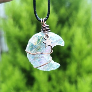Clear Quartz crystal aura moon pendant necklace, moon valentines gift for her, mother's day, birthday
