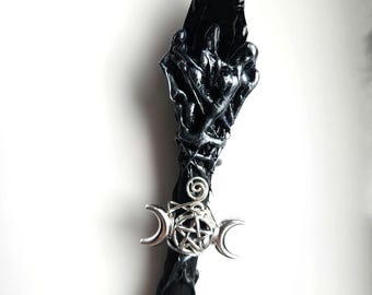 Obsidian Crystal Wand: black gemstone wand , Triple Moon Altar Tool