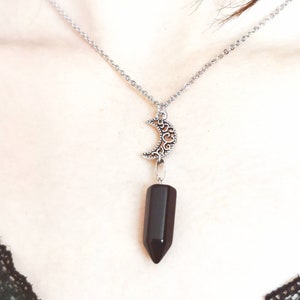 Obsidian stone pendant, crystal necklace, Grounding protection crystal, moon jewelry, silver pendant. Crystal gift. Uk