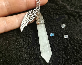 Quartz crystal pendant Angel wing necklace, keepsake birthday gift for her.
