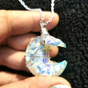 Quartz Moon Aura crystal pendant, silver, stars and celestial Jewelry, silver necklace birthday gift, for her, uk