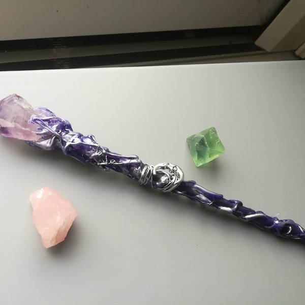 Amethyst wand, Amethyst handmade wooden Wand with moon, Alter Tools and accessories , mystical  halloween witch wand