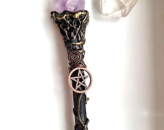 Crystal wand, purple Amethyst,  handmade wooden witchcraft Alter Tool, mystical witch wand
