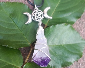 Amethyst Raw crystal Wire Wrapped Pendant crystal necklace gift for her silver moon birthday gift