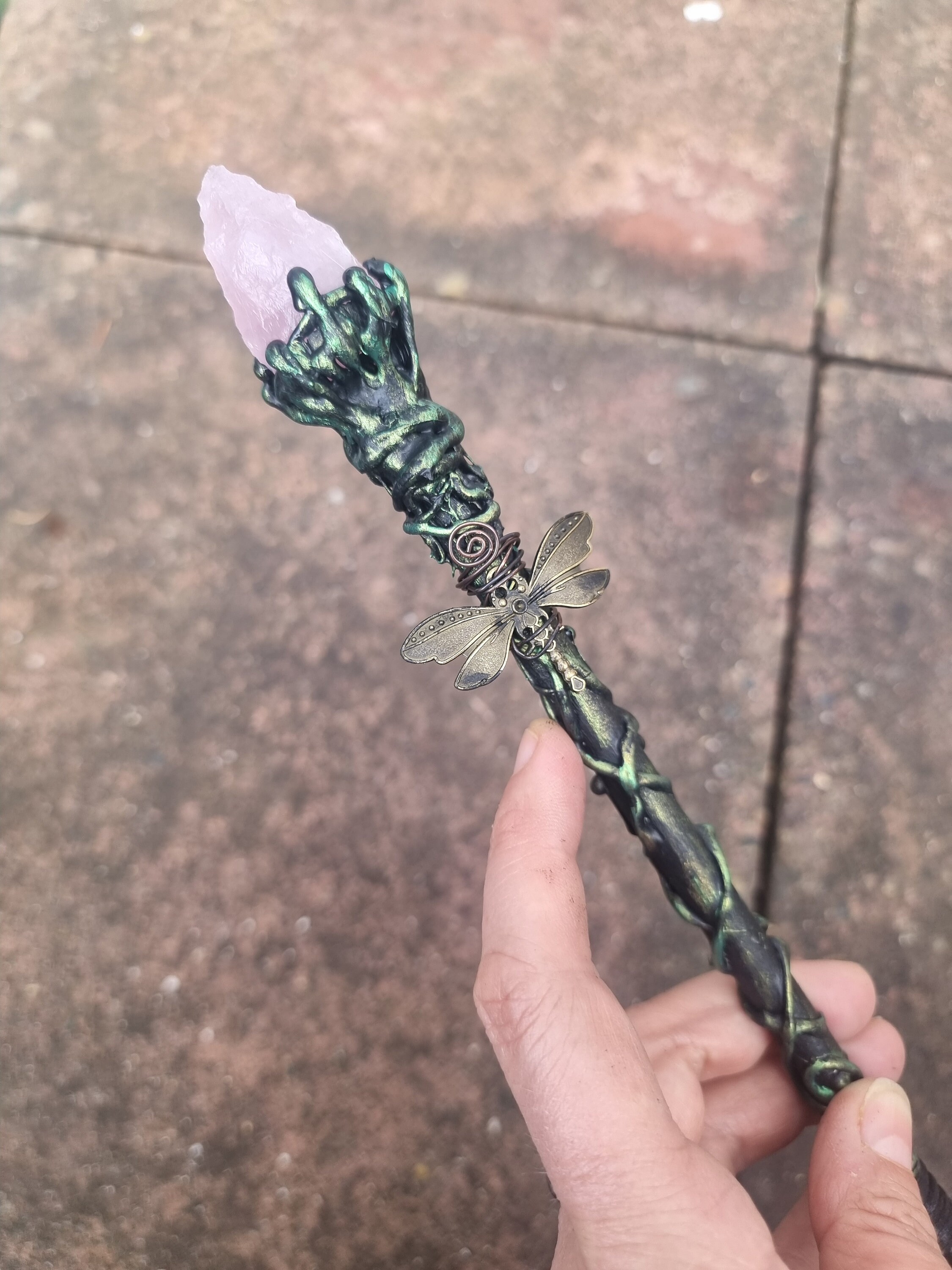 Crystal Wand, Wooden Wand Rose Quartz Handmade Wand, Alter Tool