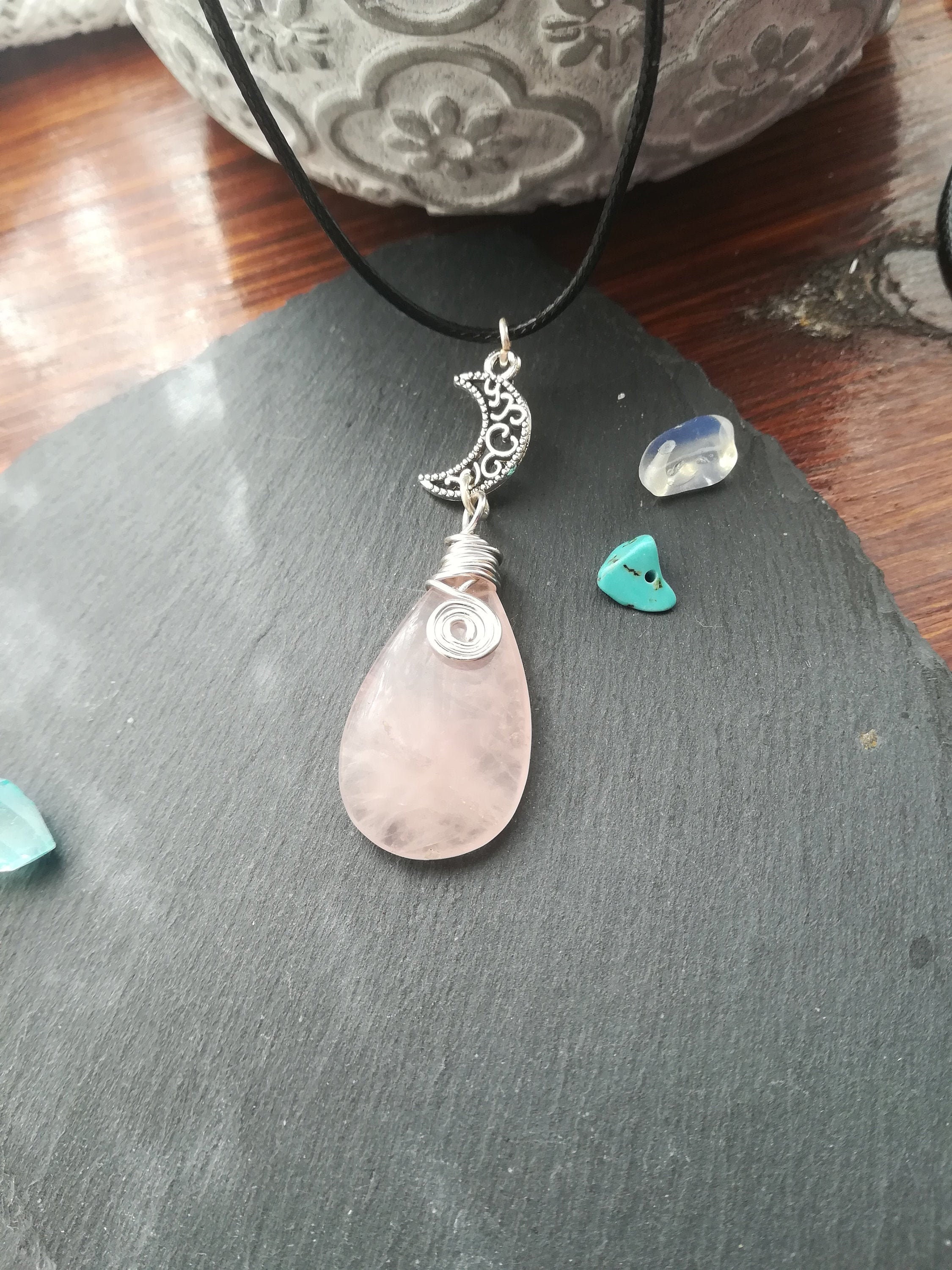 Rose quartz crystal pendant, Quartz necklace with a crescent moon, heart chakra, gift for her, uk
