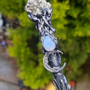 Gemstone wand with silver Pyrite and Moonstone witchy Alter Tools.
