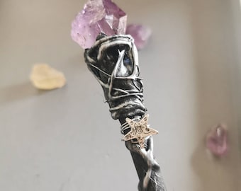 Natural Amethyst wooden Wand, witchcraft Alter Tools.