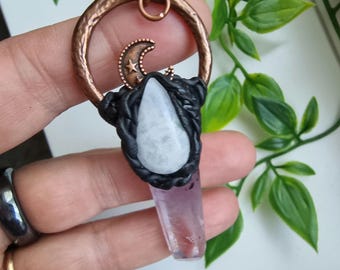Amethyst wand pendant with Moonstone, Natural Crystal clay necklace, spiritual jewellery.