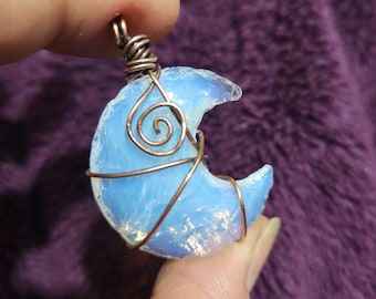 Moon necklace, Opalite stone crystal  pendant, copper wire wrap  necklace gift for her birthday, christmas gift