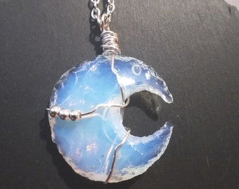 Opalite moon pendant, opalite jewelry, silver necklace, gift for her birthday, UK, witch crystal jewelry