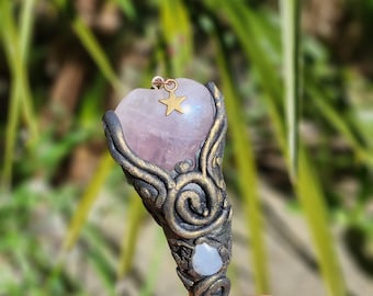Rose Quartz Wood Wand, Hand Sculpted Clay Crystal, Natural Branch Ritual Magic Wand