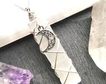 Selenite necklace, wand pendant lunar moon gift for her, birthday gift. Mother&#39;s day gift