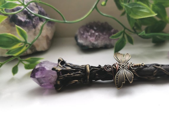 Crystal wand Wooden wand, Amethyst handmade Wand, Alter Tool, mystical witch wand
