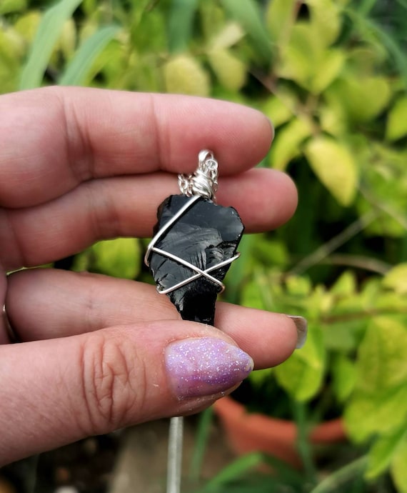 Obsidian Rough Cut Crystal Necklace Pendant Protection Etsy