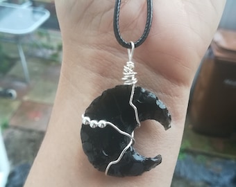 Obsidian Moon crystal necklace, a crystal gift, crescent moon necklace, protection crystals