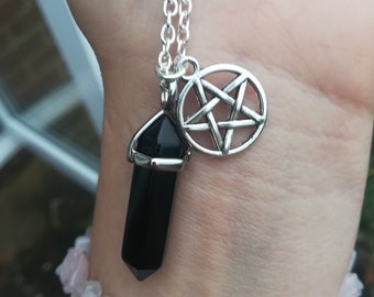 Obsidian necklace, Black Obsidian silver crystal necklace, protection crystals pentagram pendant, christmas gift birthday UK