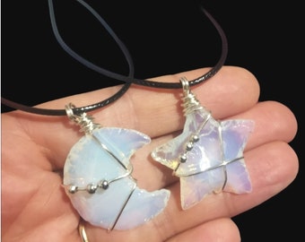 Moon and star necklace Opalite stone pendant, pretty silver necklace gift for her