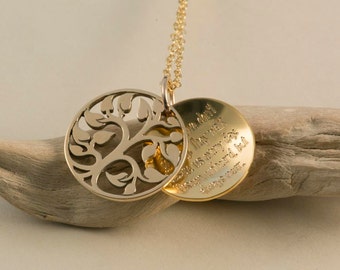 GOLD Familienkette mit Lebensbaum, persönliche Gravur, 24Kt Gold/925-Silber handgearbeitet, Geschenk für Mama's, Omi's, Schwestern, Tanten