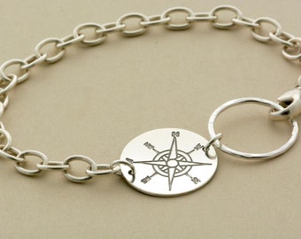 Kompass Armband mit persönlicher Gravur, Koordinaten, Handgearbeitet Diamantgravur 925Silber, Geschenk für Sie, Abitur Schulabschluss, Reise