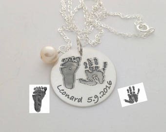 Echter Fussabdruck und Handabdruck von Deinem Baby in Sterlingsilber, Handgearbeitet Diamantgravur, Geburt, Taufe,  Geschenk für Mama & Papa