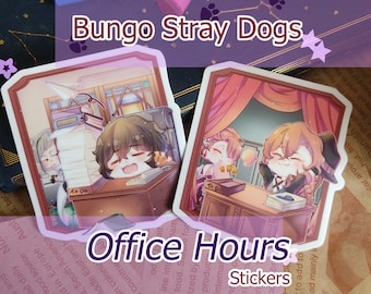 May include: Two illustrated stickers featuring characters from the anime "Bungo Stray Dogs". The stickers are printed on white paper with a glossy finish. The first sticker features a character with brown hair and a white shirt, sitting at a desk with a stack of papers. The second sticker features a character with blonde hair and a black shirt, sitting at a desk with a stack of books. Both stickers have the text "To Do" written on the desk.