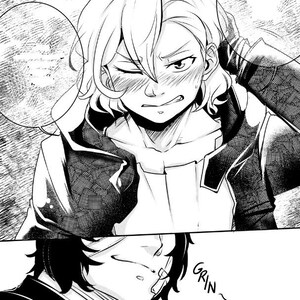 May include: Black and white manga style illustration of two characters. One character has short, wavy blonde hair and is blushing. The other character has dark hair and is smiling. The word "GRIN" is written in the bottom right corner of the image.