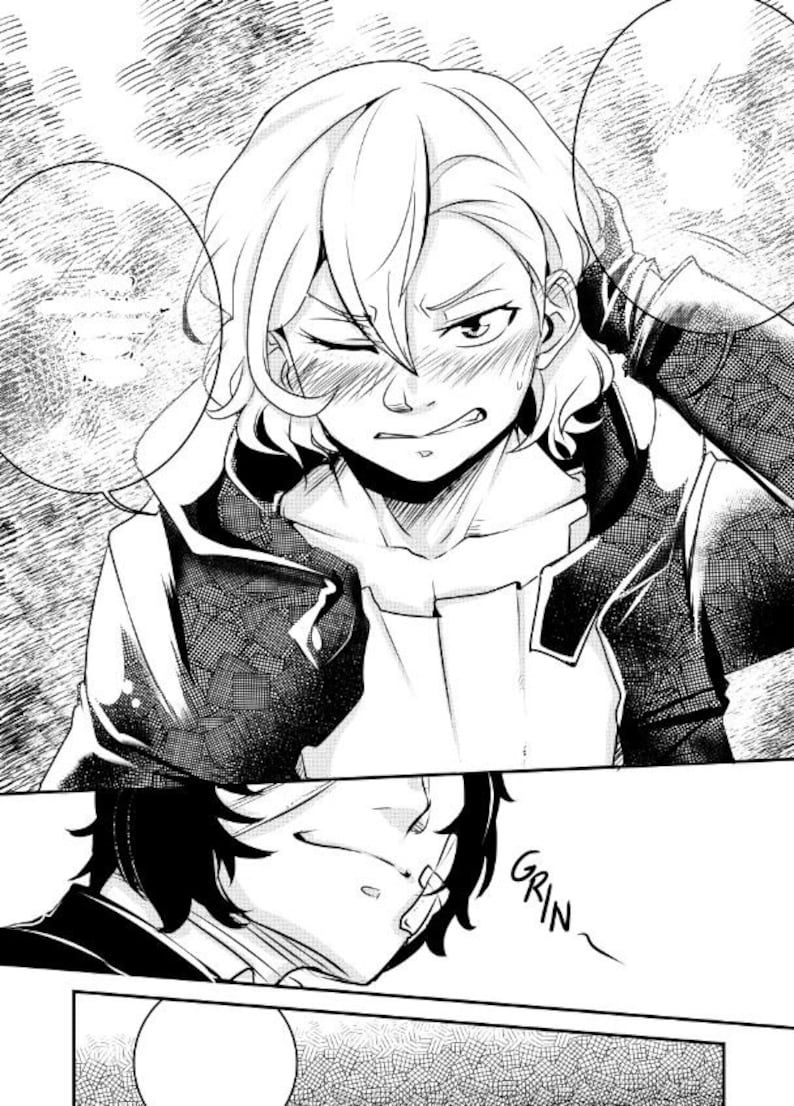 May include: Black and white manga style illustration of two characters. One character has short, wavy blonde hair and is blushing. The other character has dark hair and is smiling. The word "GRIN" is written in the bottom right corner of the image.