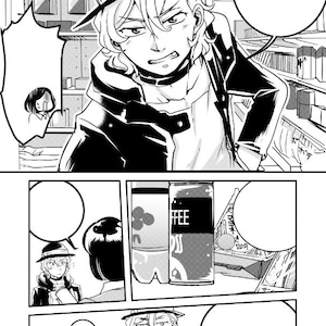 May include: A black and white manga comic book panel featuring three characters. The first character is a young man with a hat and a jacket. The second character is a young woman with long hair. The third character is a young man with a hat and a jacket. The panel also features a can of coffee and a speech bubble with a question mark.
