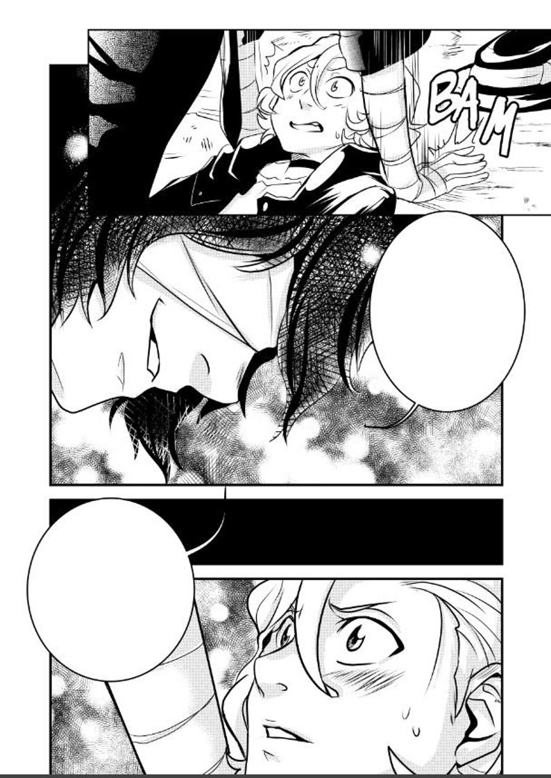 May include: Black and white manga style illustration of two characters. The first character is a young person with long black hair and a white shirt. The second character is a young person with short blonde hair and a white shirt. The text "BAM" is in the top right corner of the image.