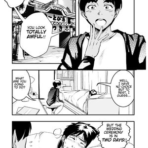 May include: A black and white manga comic book panel featuring a young man with short black hair. The man is looking at the viewer with a surprised expression. The text in the panel reads "You look totally awful!" and "Well, I have no choice but to rest, I guess..." and "But the wedding ceremony is in two days!! I know that."