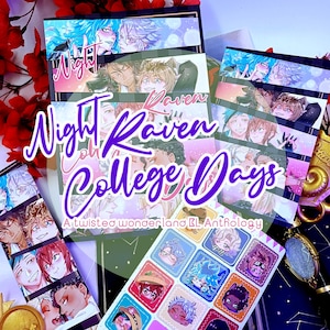 May include: A collection of "Night Raven College Days" merchandise, including bookmarks and stickers. The bookmarks feature colorful anime-style illustrations of male characters. The stickers have square designs with character portraits. The title text is in purple.