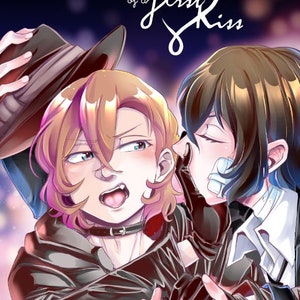May include: Two anime characters, one with brown hair and a black hat, the other with blonde hair, are shown in a close-up. The text "The taste of a first kiss" is written in a stylized font above them.
